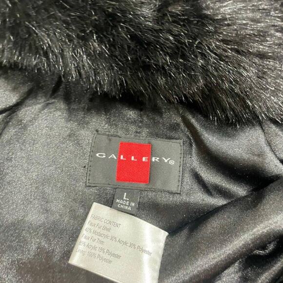 GALLERY NEW YORK COAT HOODED GROOVED FAUX FUR BLACK ZIP UP Sz L MOBWIFE GOTHCORE - Picture 6 of 15